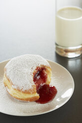 Teller mit Bismarckkrapfen mit Milchglas, Nahaufnahme - DSCF000047