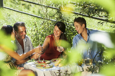 Austria, Salzburg Country, Family dining in garden, smiling - HHF004417