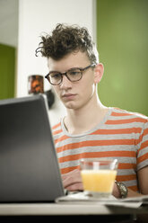 Germany, Bavaria, Munich, Young man using laptop in cafe - RNF001117