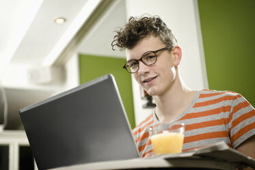 Germany, Bavaria, Munich, Young man using laptop in cafe, smiling - RNF001118