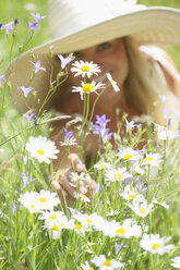 Österreich, Salzburg, Mittlere erwachsene Frau mit Blumen auf einer Wiese, lächelnd - HHF004465