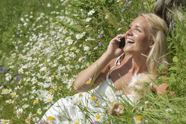 Austria, Salzburg, Mid adult woman talking on cell phone in meadow, smiling - HHF004473