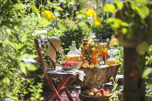 Austria, Salzburg, Fruits and juices in garden - HHF004488