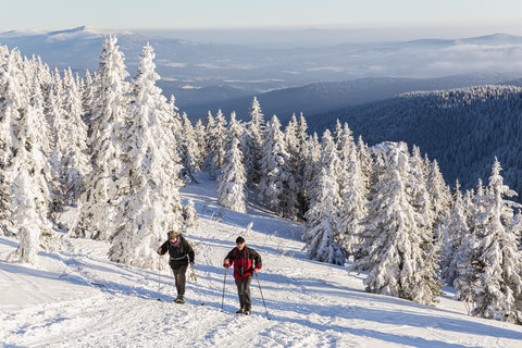 Deutschland, Bayern, Älterer Mann und Frau wandern am Großen Arber, lizenzfreies Stockfoto