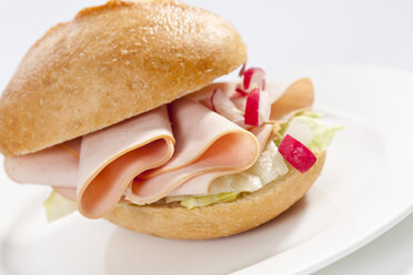 Sandwich of bread roll with poultry and mortadella on plate, close up - CSF017230