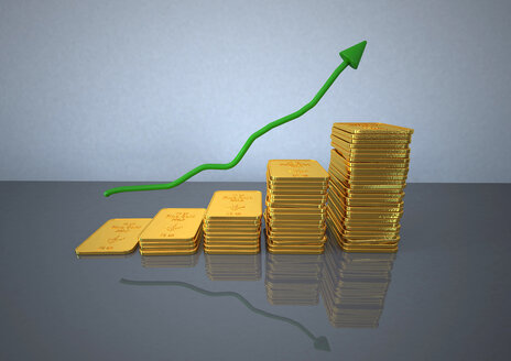 Stapel von goldenen Balken mit grünem Diagramm, Nahaufnahme - ALF000019