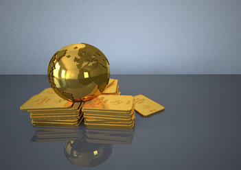 Goldener Balken und Globus vor grauem Hintergrund, Nahaufnahme - ALF000020