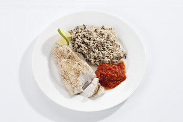 Platte mit gebratenem frischem Hecht mit gekochtem Reis und Tomatendip - CSF017324