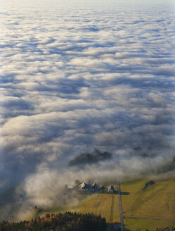 Österreich, Salzkammergut, Blick auf nebelverhangenes Bauernhaus - WW002702