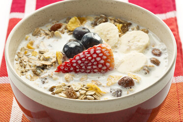 Frühstücksschüssel mit Müsli, Heidelbeeren, Erdbeeren, Milch und Joghurt - MAEF006001
