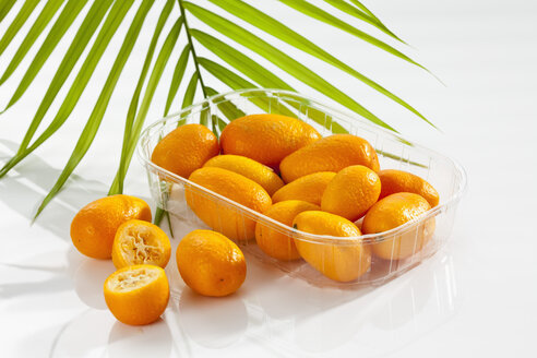 Plastikdose mit Kumquats auf weißem Hintergrund, Nahaufnahme - CSF017494