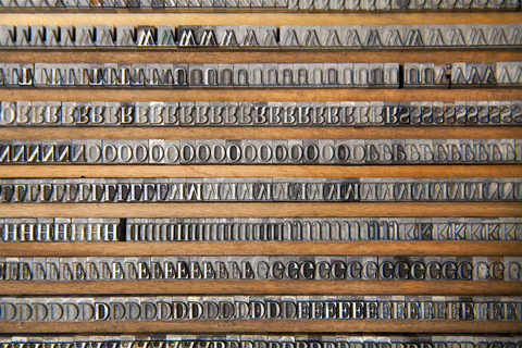 Germany, Bavaria, Drawers of alphabets in typesetting shop stock photo