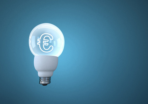 Illustration einer leuchtenden Glühbirne mit Euro-Symbol, lizenzfreies Stockfoto