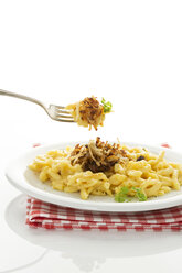 Plate of spaetzle with cheese and roasted onions, close up - MAEF006061