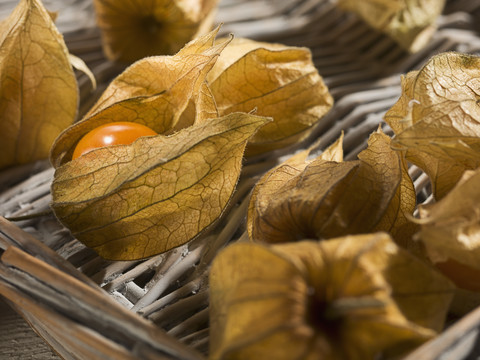 Physalis im Korb, Nahaufnahme, lizenzfreies Stockfoto