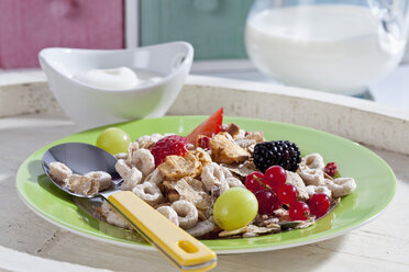 Teller mit Müsli und Obst mit Joghurtschale, Nahaufnahme - CSF017612