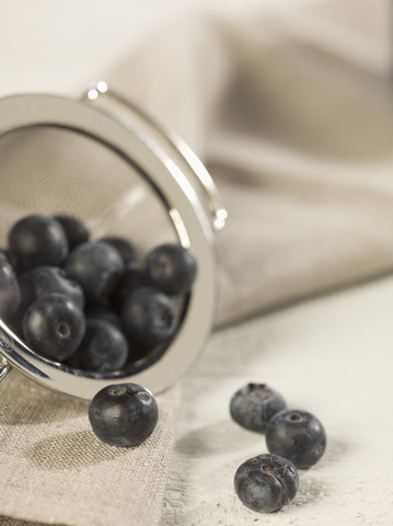 Blueberries in sieve, close up stock photo