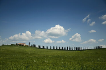 Italien, Toskana, Blick auf Haus mit Landschaft und Zaun - BSTF000010