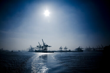 Deutschland, Hamburg, Blick auf Containerhafen und Kräne - DIS000029