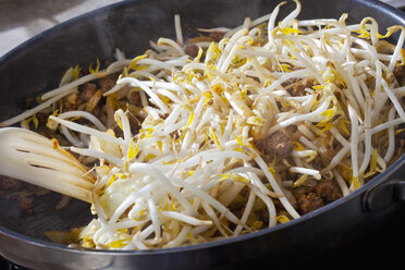 Stewing soy vegetable with minced meat and white cabbage in frying pan, close up - CSF017805
