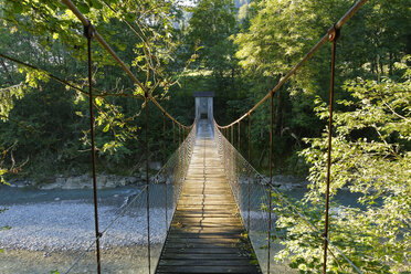 Austria, Vorarlberg, View of rope bridge over Bolgenach creek - SIE003557