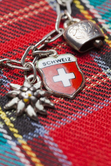 Schweiz, Schweizer Fahne an Bettelarmband mit Kuhglocke und Edelweiss - WDF001636