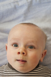 Germany, Hesse, Frankfurt, Baby boy looking at camera - MUF001270