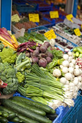 Germany, Duesseldorf, Variety of vegetables in market, close up stock photo