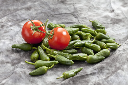 Green pepper with tomatoes on grey background, close up - CSF018158