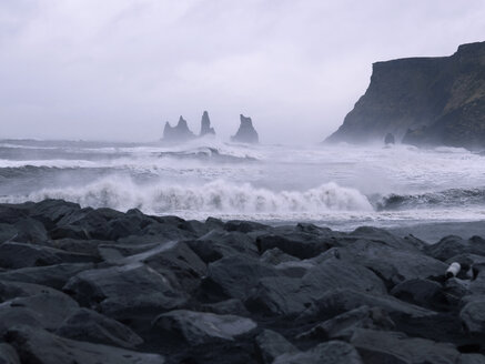 Island, Blick auf die Wellen des Atlantiks am Black Lava Beach - BSCF000247