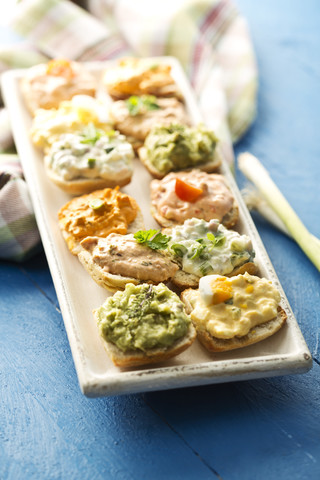 Verschiedene Aufstriche auf einem Tablett mit Thunfisch, Ei, Tomate, Mozarella, Schinken, Frühlingszwiebeln, Liptauer und Avocado, lizenzfreies Stockfoto