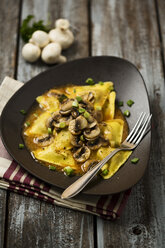 Ravioli mit Champignons auf Teller - MAEF006387