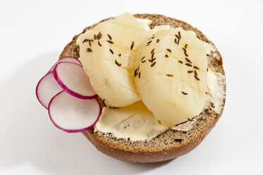 Rye roll with Harzer Roller cheese and caraway on white background, close up - CSF018522