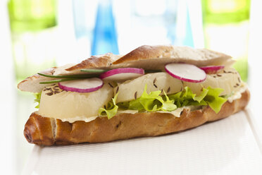 Bread with Harzer cheese and radish on chopping board, close up - CSF018643