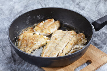 Fried pollock fillet in pan, close up - CSF018853