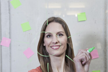 Germany, North Rhine Westphalia, Cologne, Businesswoman drawing on glass, smiling - FMKF000793