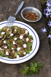 Teller mit Feta-Salat und Nüssen in einer Schüssel, Nahaufnahme - EVG000093