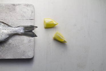 Fish tail with lemon on table, close up - SBDF000048