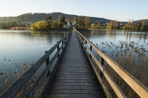 Deutschland, Ansicht einer Holzbrücke über den Rhein, lizenzfreies Stockfoto