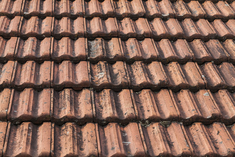 Deutschland, Laupheim, Alte Dachpfannen auf dem Dach einer alten Scheune, lizenzfreies Stockfoto