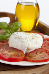 Büffelmozzarella mit Basilikum, Tomaten und einer Flasche Olivenöl auf einem Teller, Nahaufnahme - CSF019167