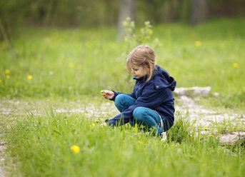 Germany, Baden Wuerttemberg, Girl sitting in meadow - SLF000133