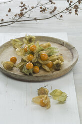 Physalis fruits on wooden plate, close up - AS004942