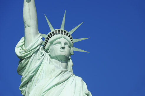 USA, New York State, New York City, Blick auf die Freiheitsstatue auf Liberty Island, Nahaufnahme - RUEF001058