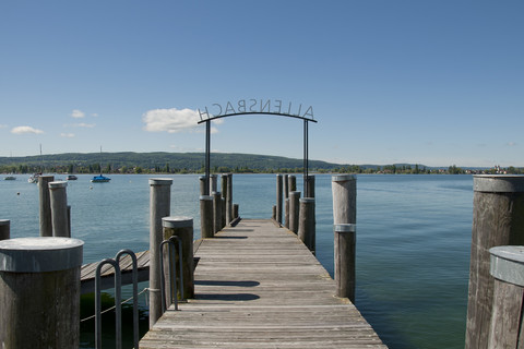 Germany, Baden Wuerttemberg, View of pier at Allensbach stock photo