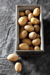 Kartoffeln in Holzkorb auf Textil, Nahaufnahme - CSF019337