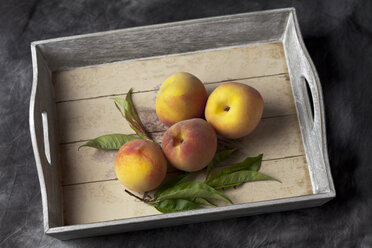 Peaches with leaves on tray, close up - CSF019360