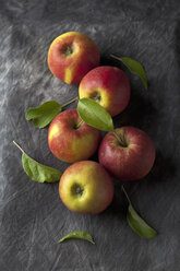 Red apples with leaves on black textile, close up - CSF019340