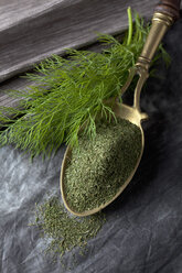 Brass spoon with dill on textile, close up - CSF019606