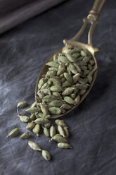 Brass spoon with cardamom seeds on textile, close up - CSF019588